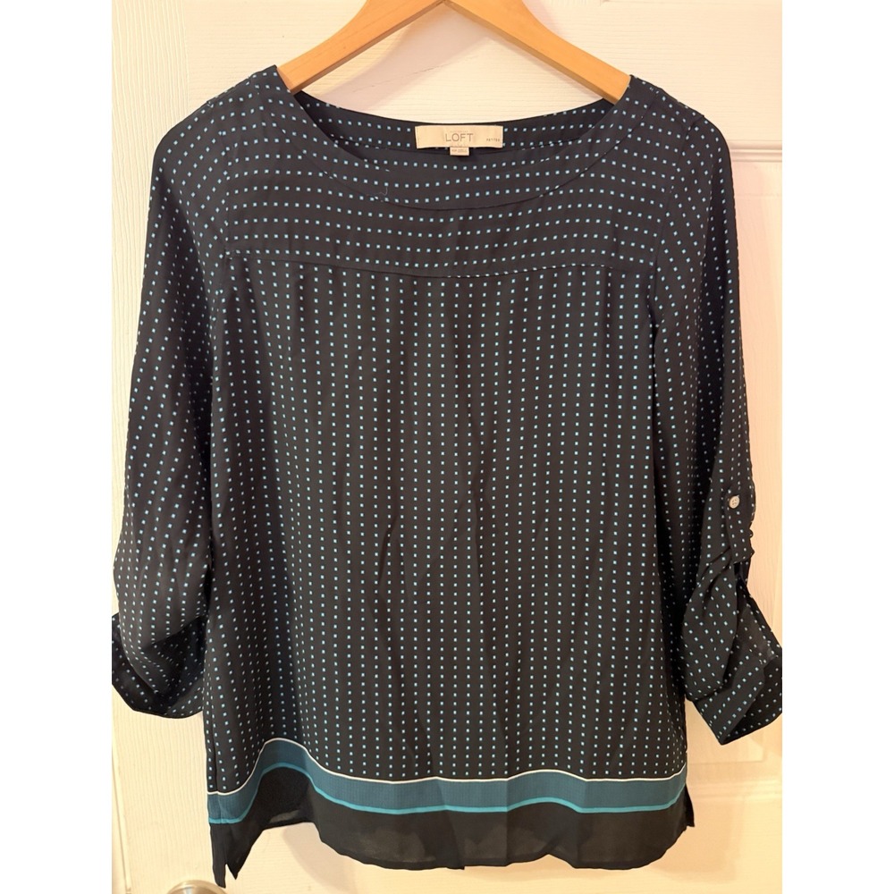 Ann Taylor LOFT  XSP  Petite Navy Polka dot Roll Tab Back Pleated Chiffon top